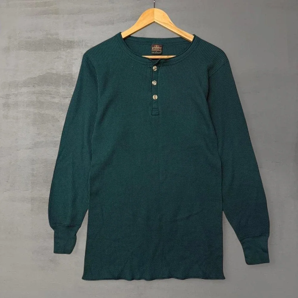 Vintage Greatland Thermal Henley Shirt Green‎ Waffle Knit Long Sleeve Large